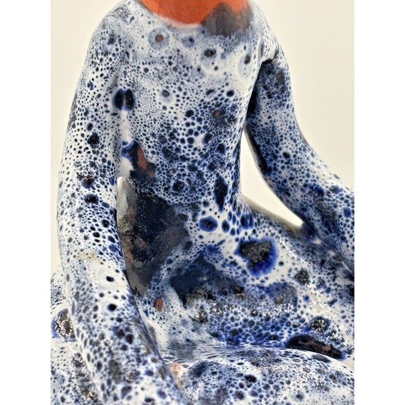 Vintage Clay‎ Art Pottery Figure Sitting w/Pots Primitive Blue Speckled Glazed - Picture 8 of 16